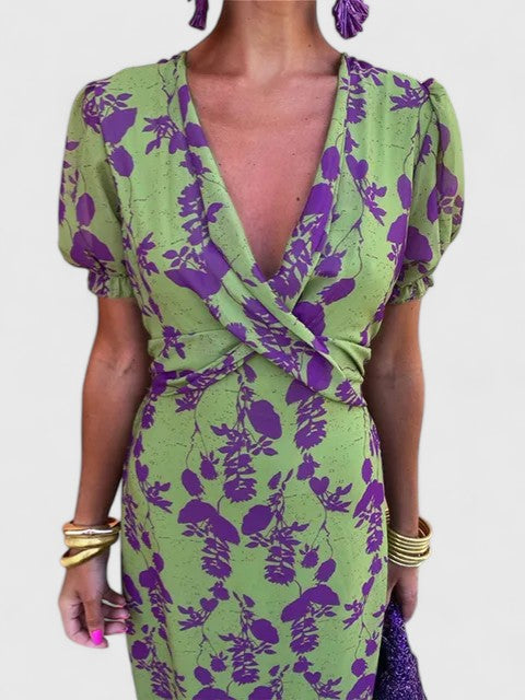 Pyralyn | Floral Wrap Midi Dress with Puff Sleeves