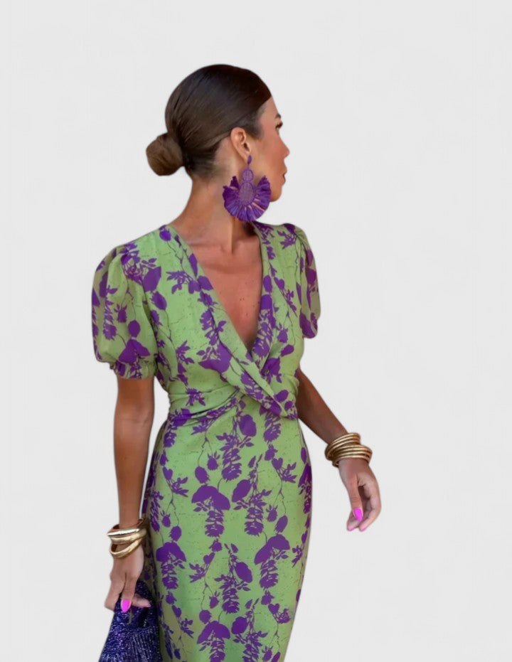 Pyralyn | Floral Wrap Midi Dress with Puff Sleeves