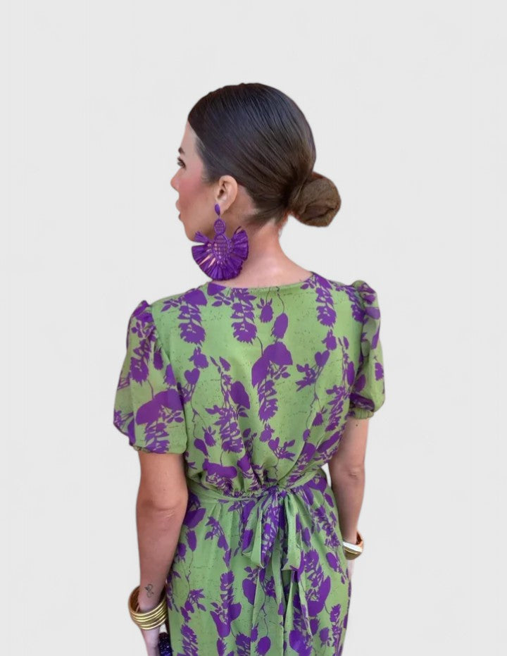 Pyralyn | Floral Wrap Midi Dress with Puff Sleeves