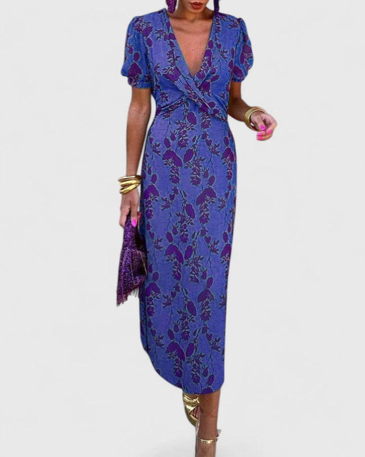 Pyralyn | Floral Wrap Midi Dress with Puff Sleeves