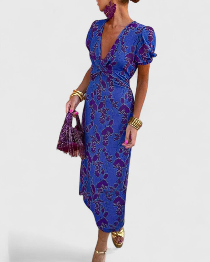 Pyralyn | Floral Wrap Midi Dress with Puff Sleeves