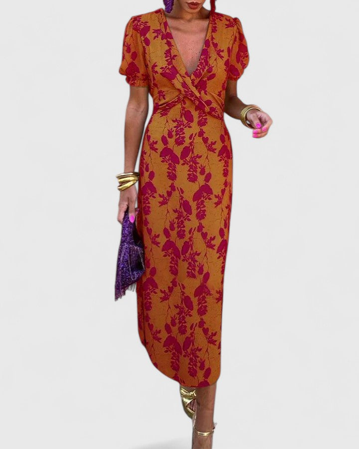 Pyralyn | Floral Wrap Midi Dress with Puff Sleeves