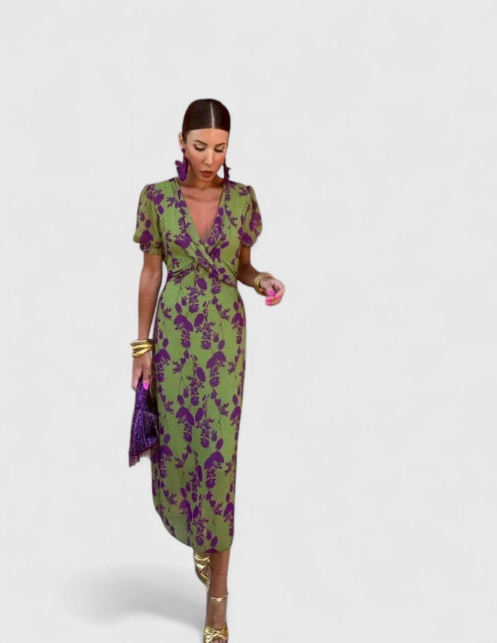 Pyralyn | Floral Wrap Midi Dress with Puff Sleeves