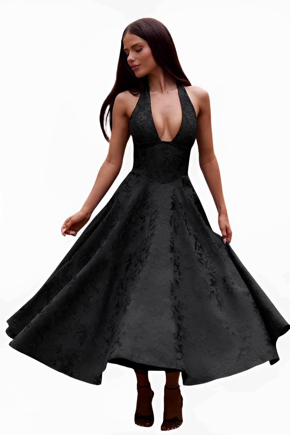 Qaryndora | Elegant Halter Midi Dress with Flared Skirt