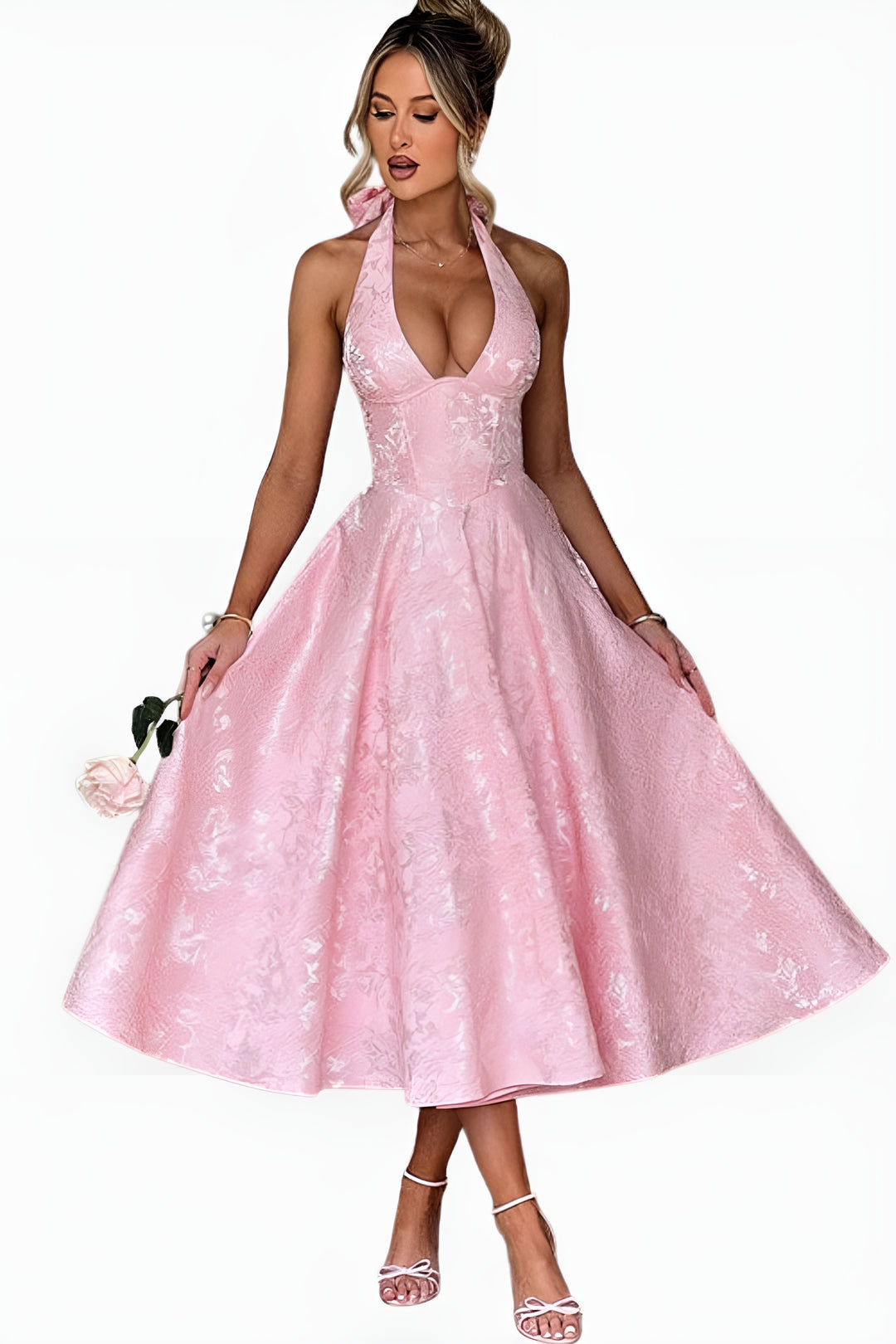 Qaryndora | Elegant Halter Midi Dress with Flared Skirt