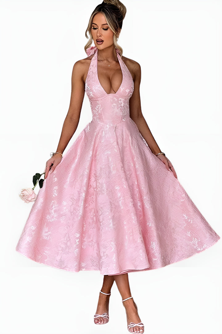 Qaryndora | Elegant Halter Midi Dress with Flared Skirt