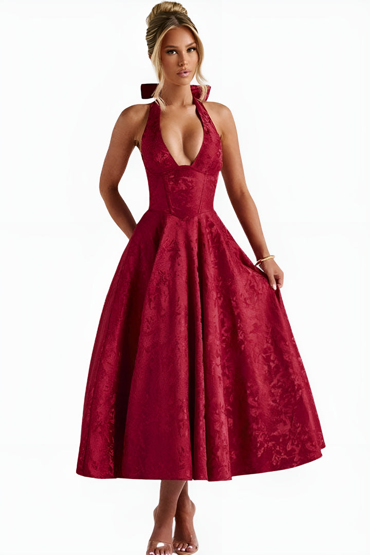 Qaryndora | Elegant Halter Midi Dress with Flared Skirt