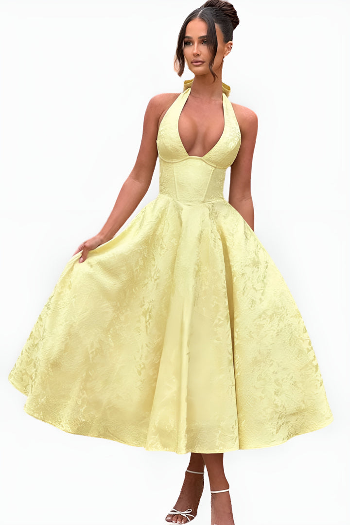 Qaryndora | Elegant Halter Midi Dress with Flared Skirt