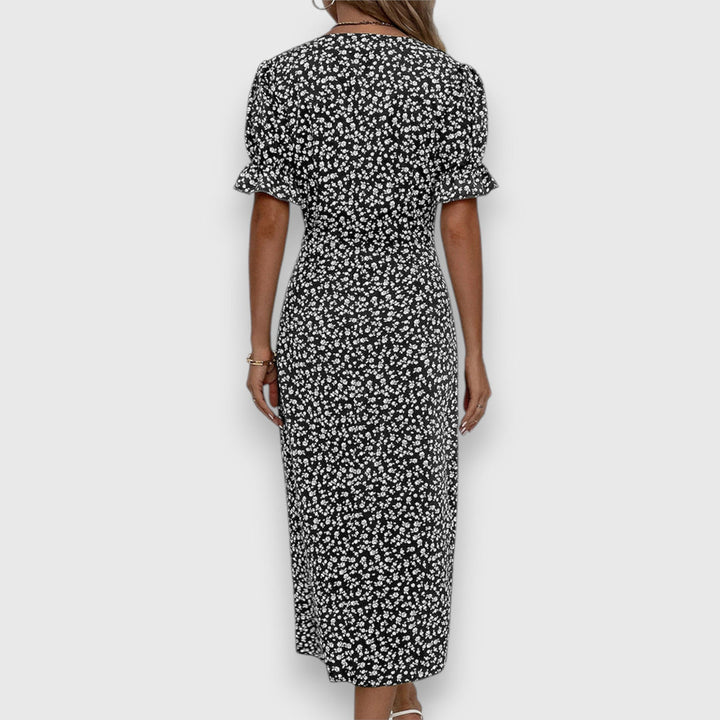 Qirelia | Floral Wrap Midi Dress with Puff Sleeves