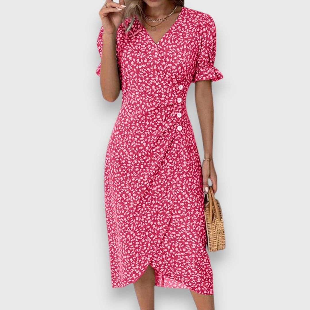 Qirelia | Floral Wrap Midi Dress with Puff Sleeves