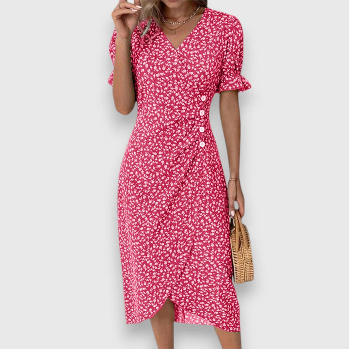 Qirelia | Floral Wrap Midi Dress with Puff Sleeves