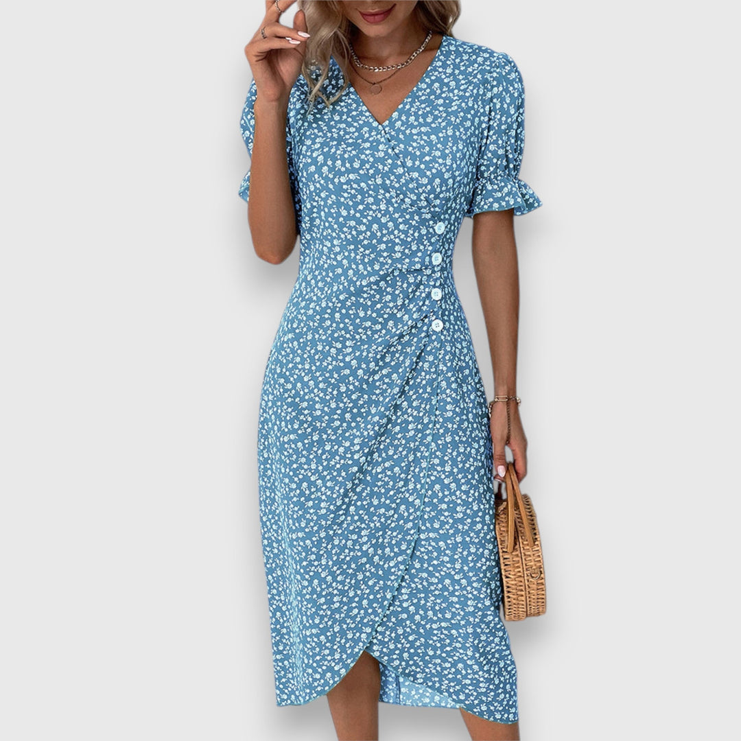 Qirelia | Floral Wrap Midi Dress with Puff Sleeves