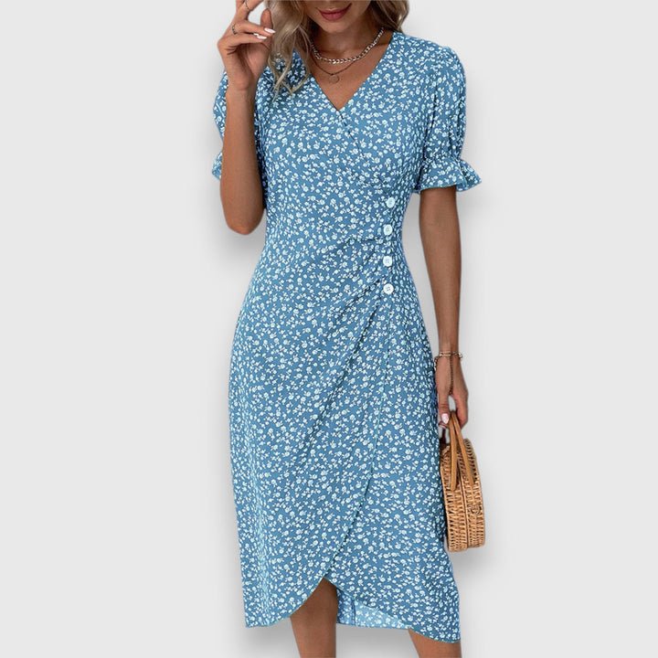 Qirelia | Floral Wrap Midi Dress with Puff Sleeves