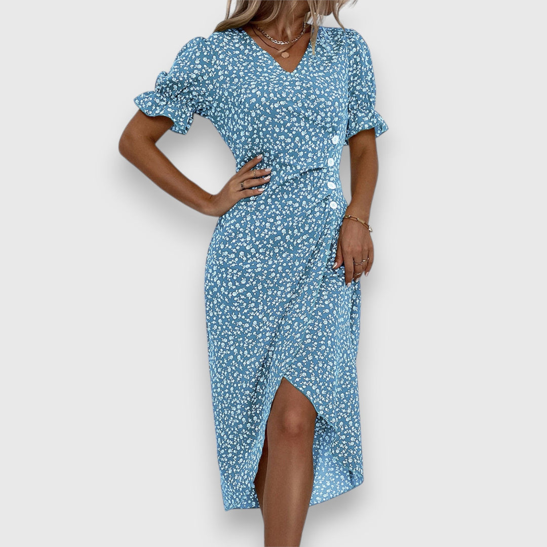Qirelia | Floral Wrap Midi Dress with Puff Sleeves