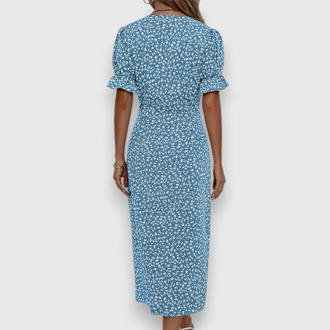 Qirelia | Floral Wrap Midi Dress with Puff Sleeves