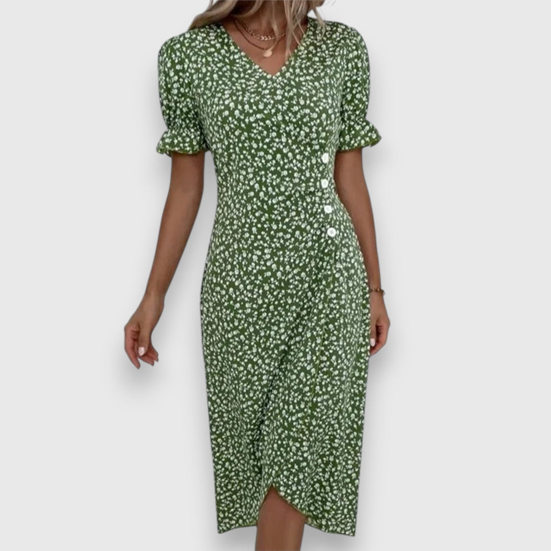 Qirelia | Floral Wrap Midi Dress with Puff Sleeves