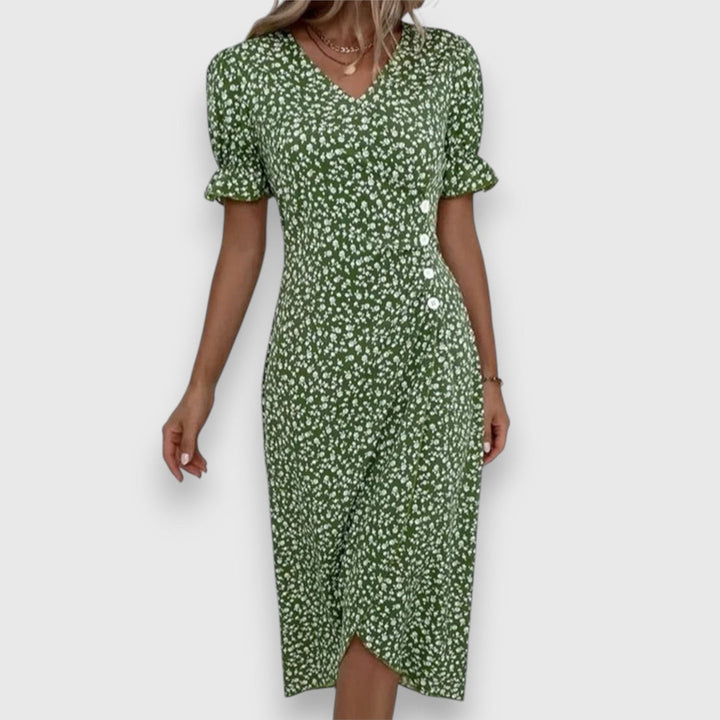 Qirelia | Floral Wrap Midi Dress with Puff Sleeves