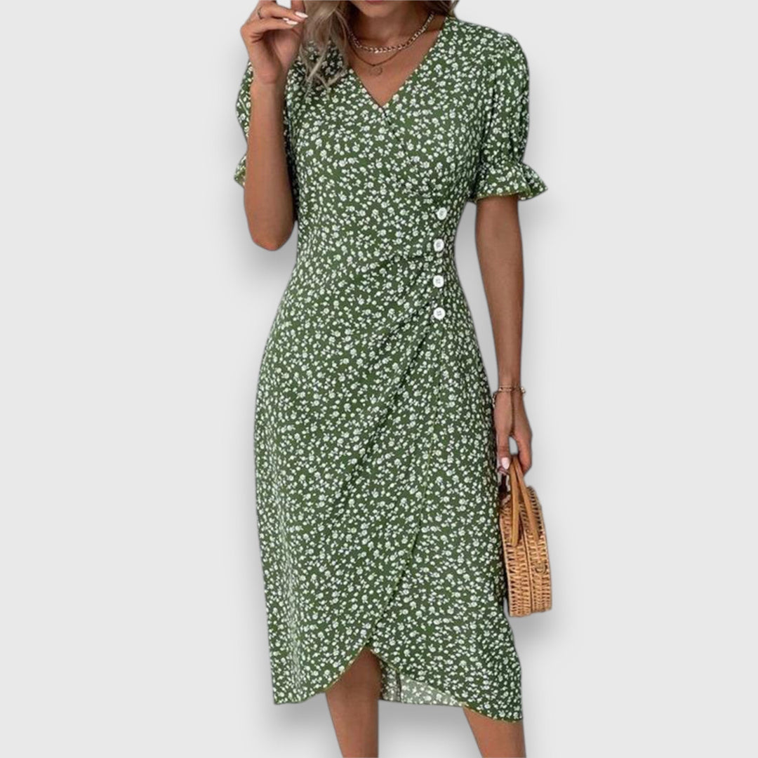 Qirelia | Floral Wrap Midi Dress with Puff Sleeves