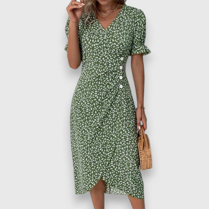 Qirelia | Floral Wrap Midi Dress with Puff Sleeves