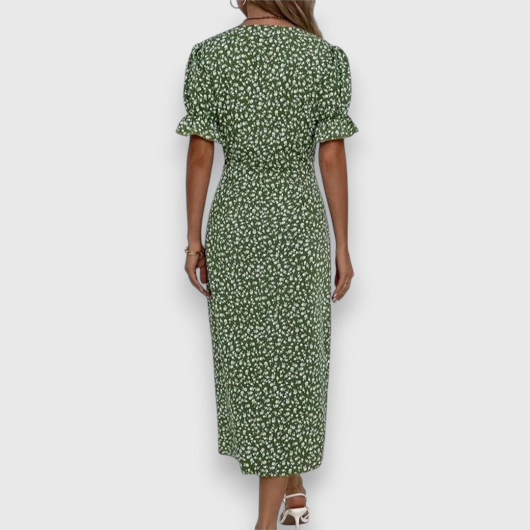 Qirelia | Floral Wrap Midi Dress with Puff Sleeves