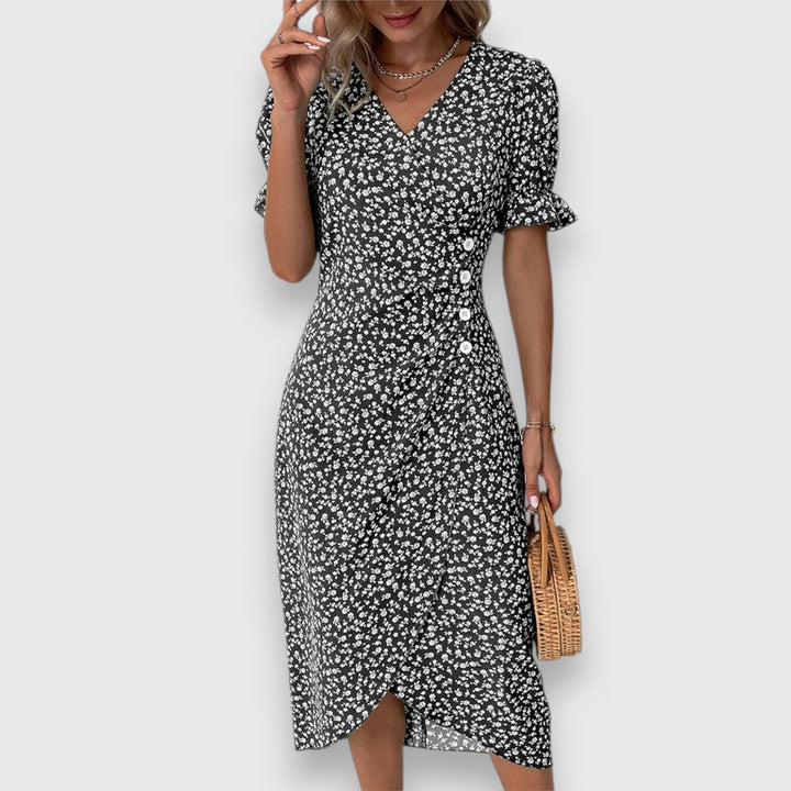 Qirelia | Floral Wrap Midi Dress with Puff Sleeves