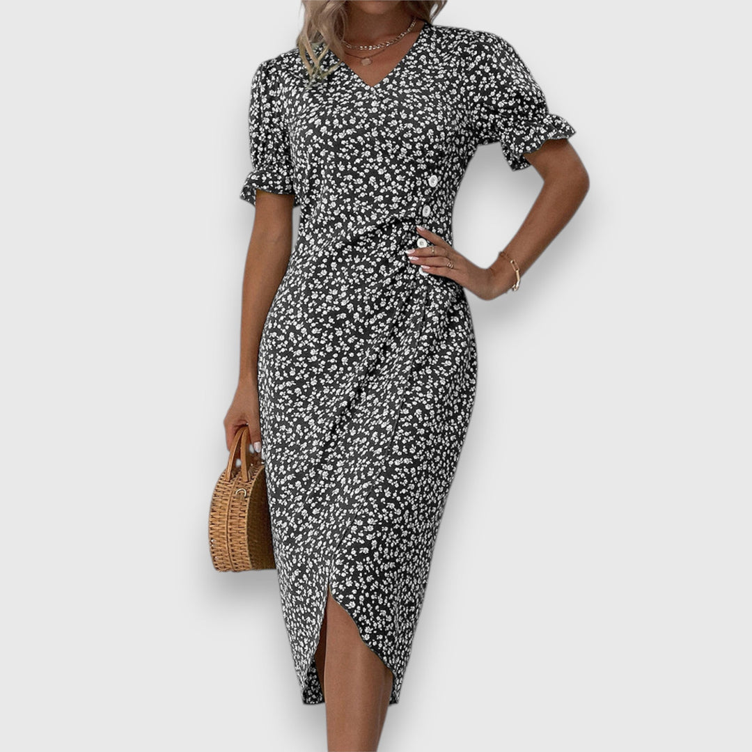 Qirelia | Floral Wrap Midi Dress with Puff Sleeves