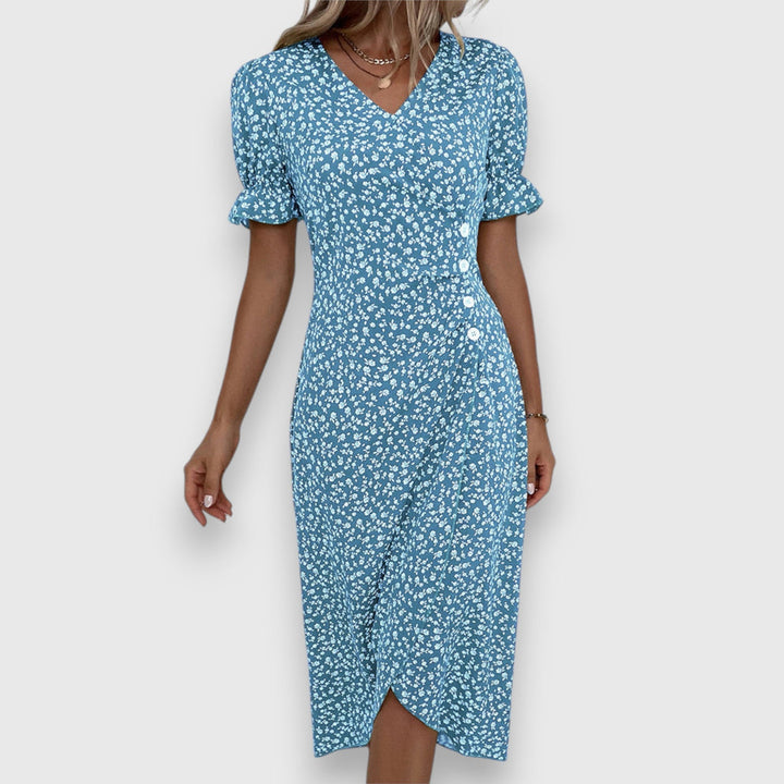 Qirelia | Floral Wrap Midi Dress with Puff Sleeves