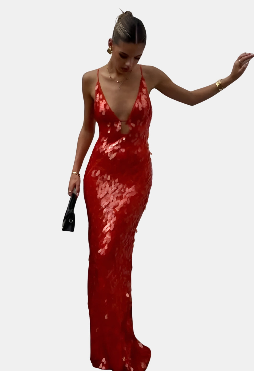 Qirelynn | Wedding Guest Sequin Maxi Dress with Deep V Neck
