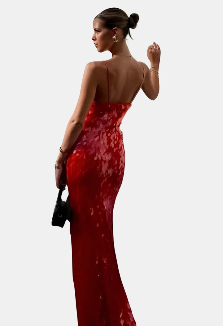 Qirelynn | Wedding Guest Sequin Maxi Dress with Deep V Neck