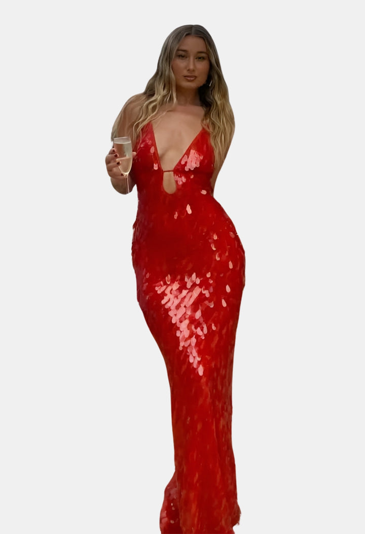 Qirelynn | Wedding Guest Sequin Maxi Dress with Deep V Neck