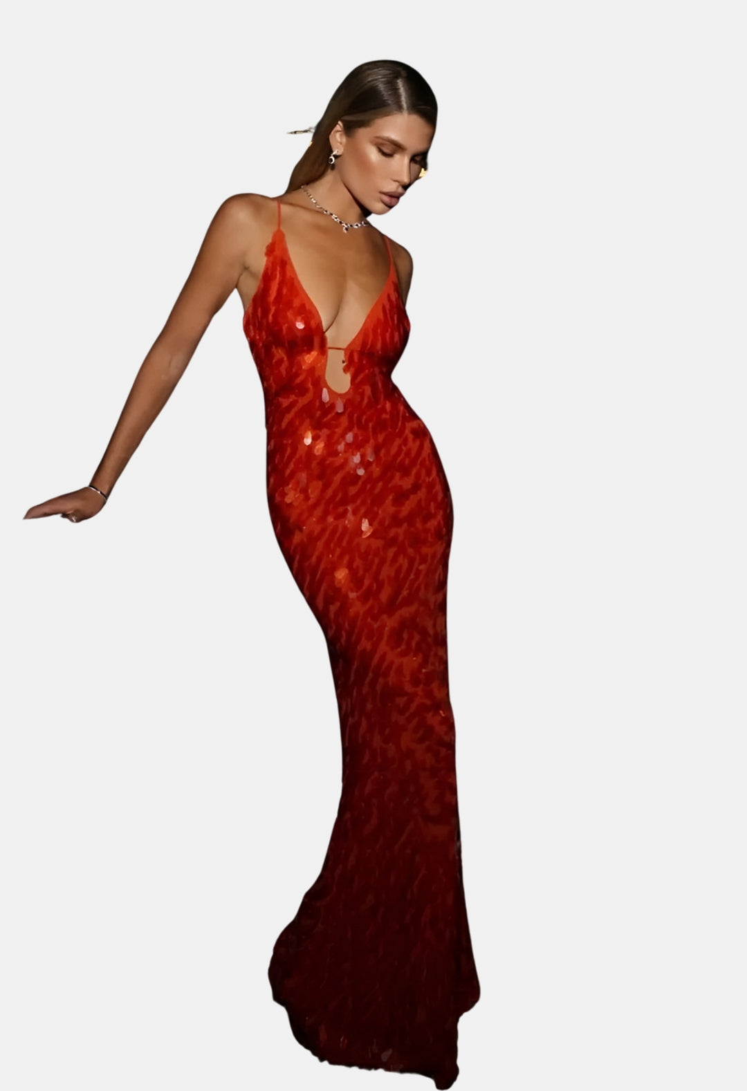 Qirelynn | Wedding Guest Sequin Maxi Dress with Deep V Neck
