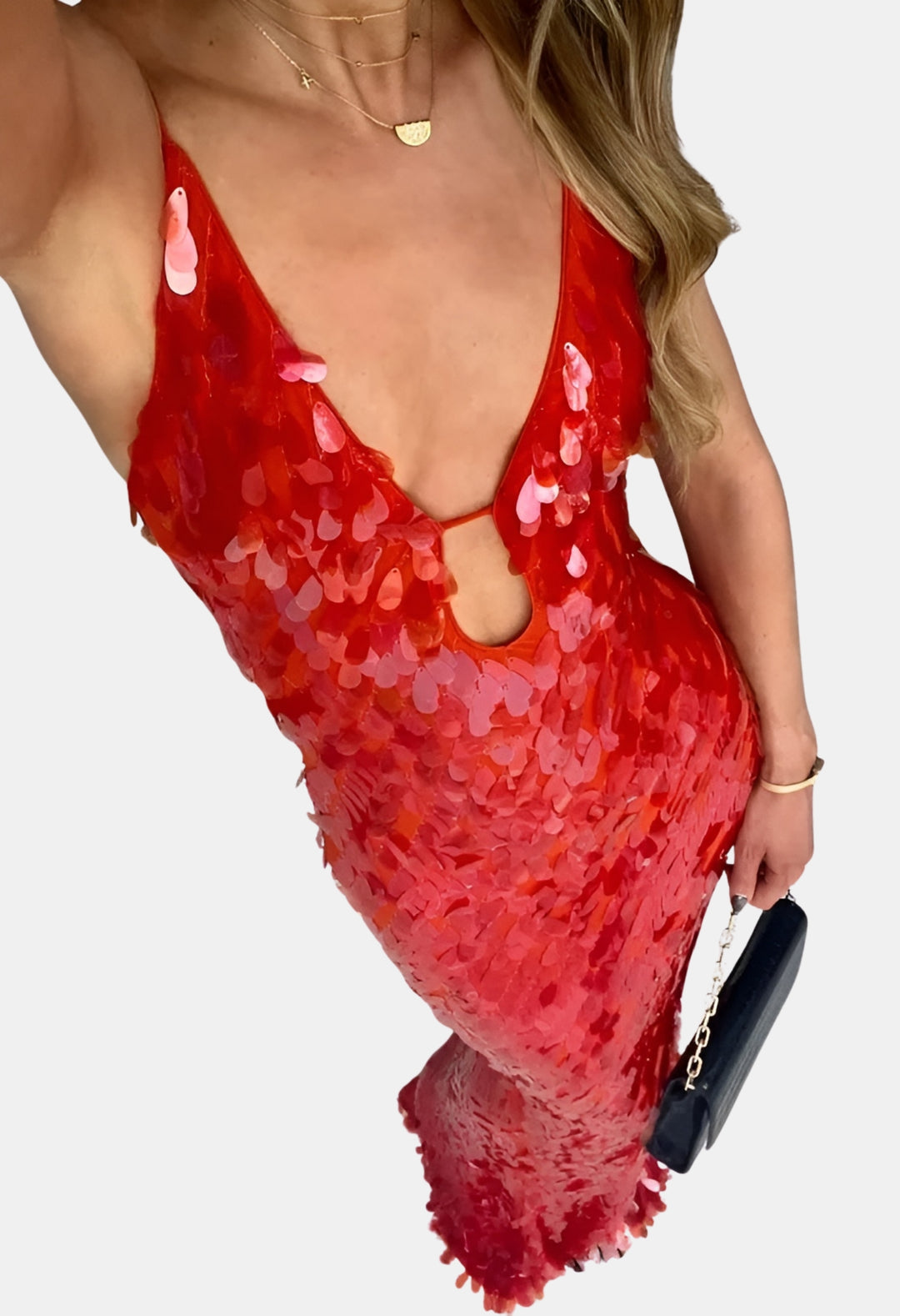 Qirelynn | Wedding Guest Sequin Maxi Dress with Deep V Neck