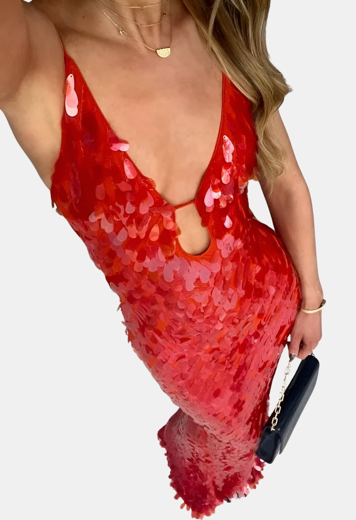 Qirelynn | Wedding Guest Sequin Maxi Dress with Deep V Neck