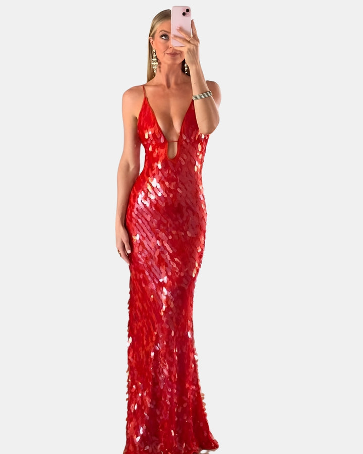 Qirelynn | Wedding Guest Sequin Maxi Dress with Deep V Neck