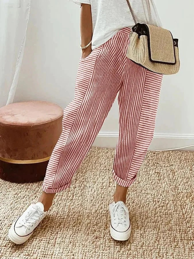 Quinn | Striped Cropped Pants With Elastic Waist