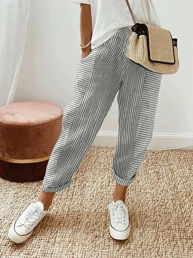 Quinn | Striped Cropped Pants With Elastic Waist