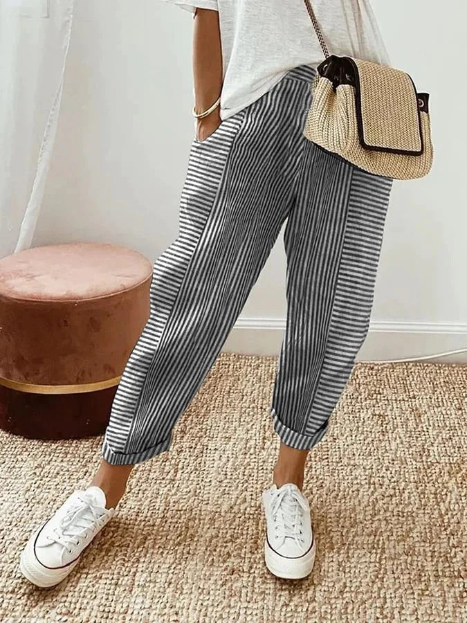 Quinn | Striped Cropped Pants With Elastic Waist