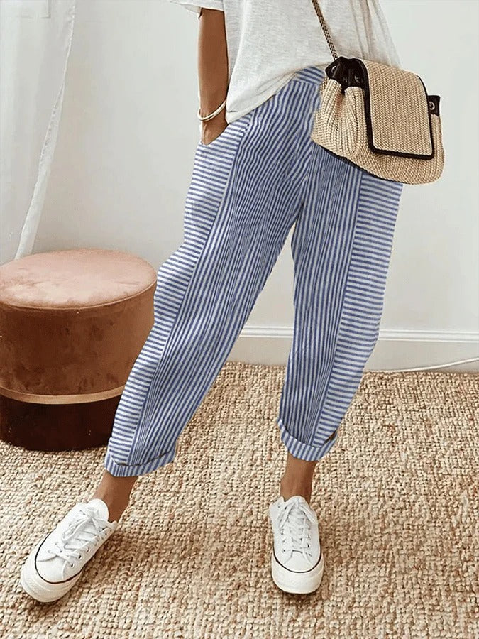 Quinn | Striped Cropped Pants With Elastic Waist