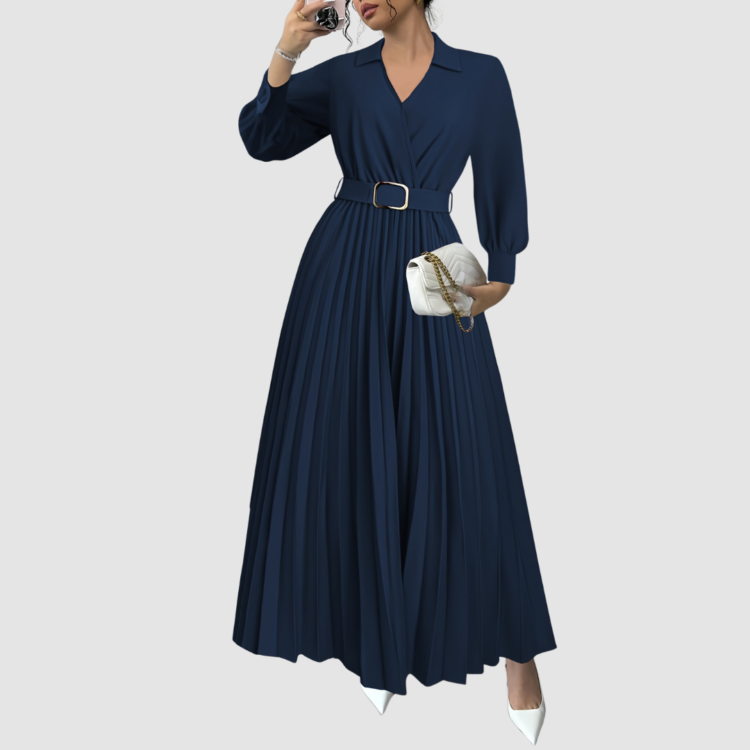 Qyrelia | Elegant Pleated Maxi Dress with Belt