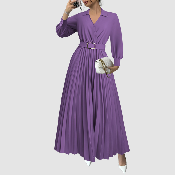 Qyrelia | Elegant Pleated Maxi Dress with Belt