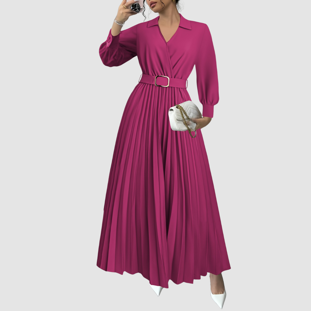 Qyrelia | Elegant Pleated Maxi Dress with Belt