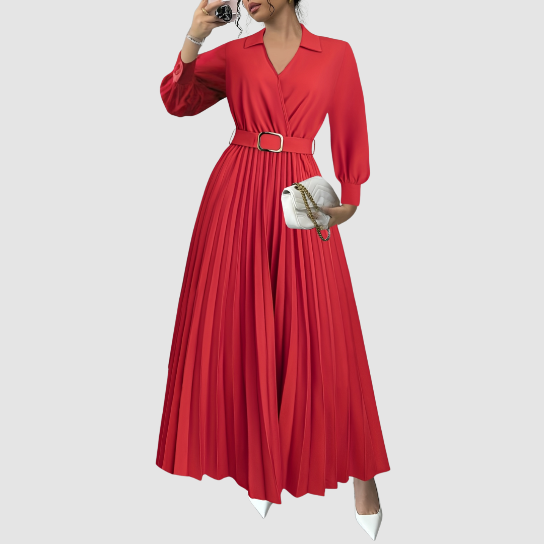 Qyrelia | Elegant Pleated Maxi Dress with Belt
