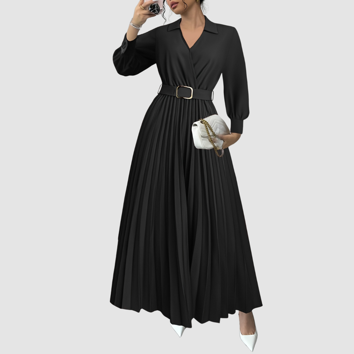 Qyrelia | Elegant Pleated Maxi Dress with Belt