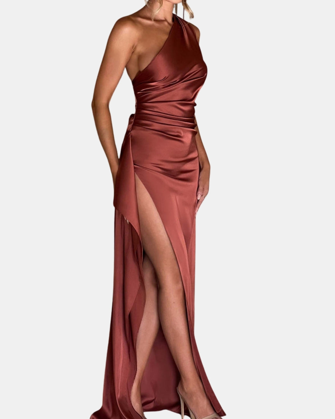 Ravyndelle | Wedding Guest One Shoulder Satin Maxi Dress with Slit
