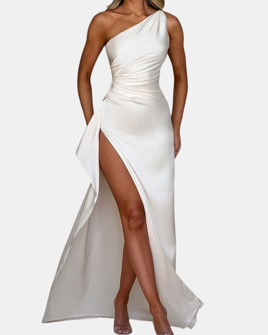 Ravyndelle | Wedding Guest One Shoulder Satin Maxi Dress with Slit
