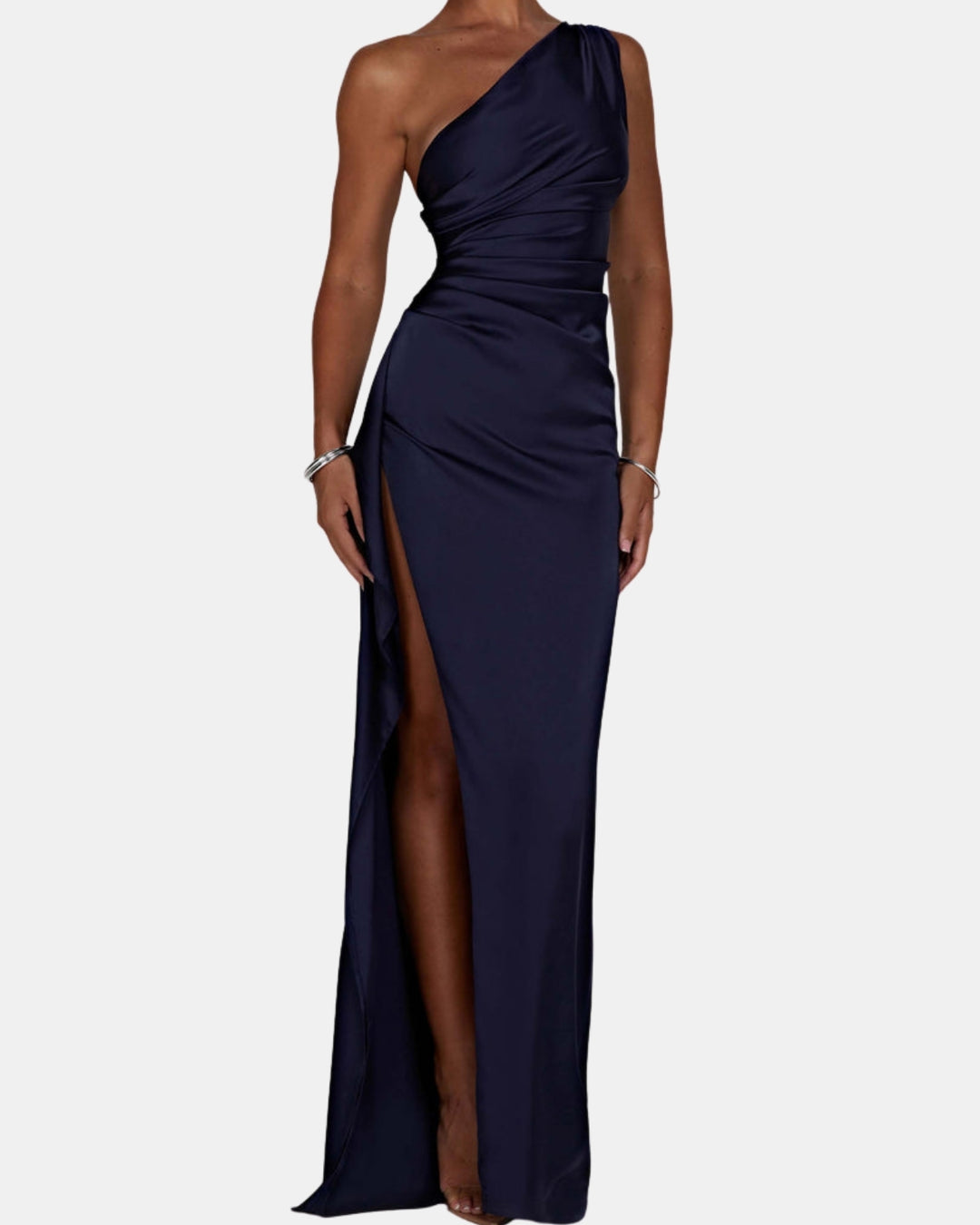 Ravyndelle | Wedding Guest One Shoulder Satin Maxi Dress with Slit