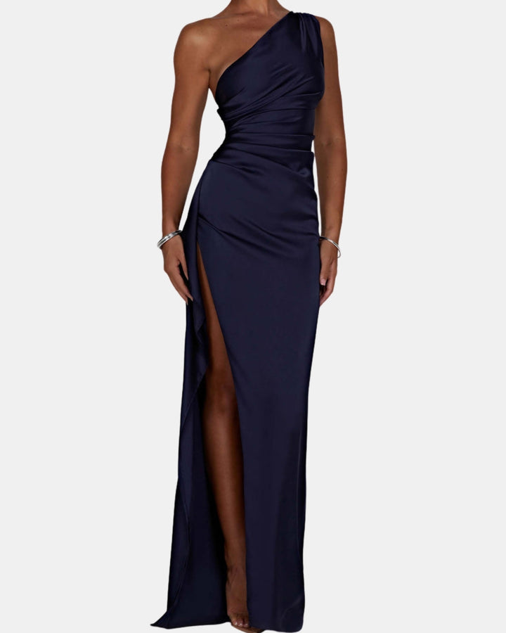 Ravyndelle | Wedding Guest One Shoulder Satin Maxi Dress with Slit