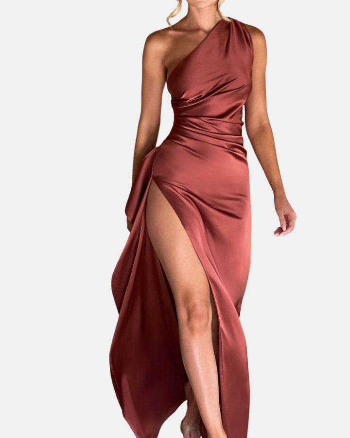Ravyndelle | Wedding Guest One Shoulder Satin Maxi Dress with Slit