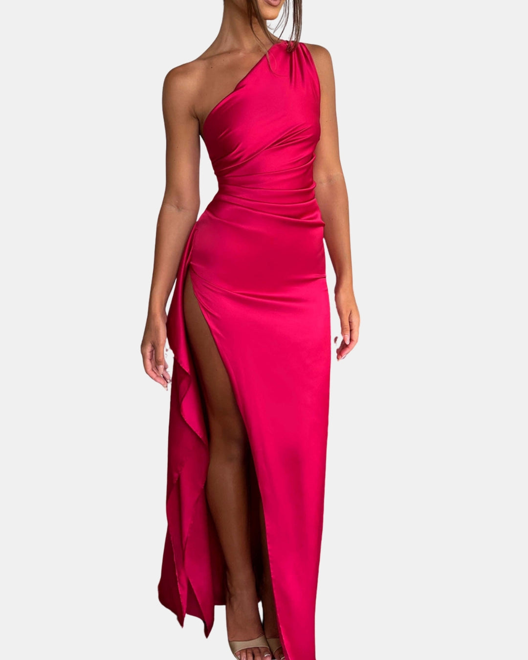 Ravyndelle | Wedding Guest One Shoulder Satin Maxi Dress with Slit