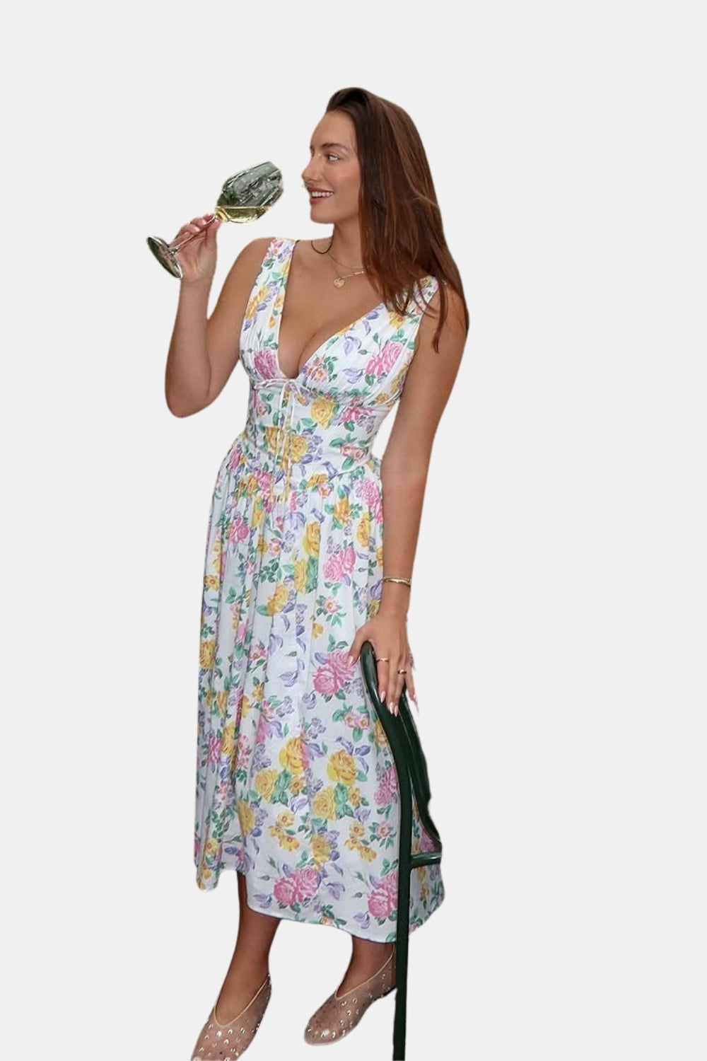 Relyvessa | Classic Floral Midi Dress with V-Neck